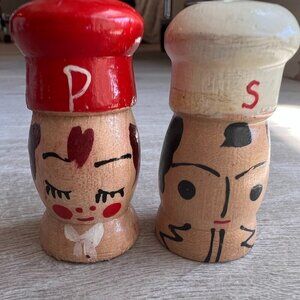 Salt and Pepper Shaker 2 inch Salty and Peppy Vintage 1950s Wood Set Japan